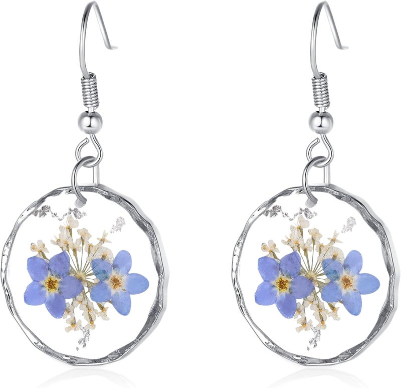 AUNTESIGN Store Forget-Me-Not and Queen Anne's Lace Pressed Wildflower Earrings | Pressed Flower Earrings | Handmade Drop and Dangle Earrings | Gift for Woman - Image 1